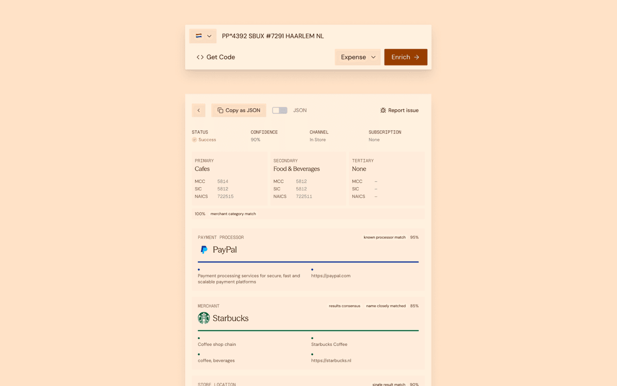 Screenshot of the Triqai API playground showing a raw transaction input and the enriched JSON response with merchant details, category, and location