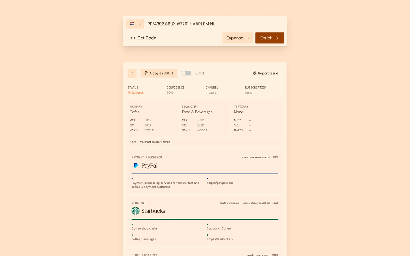 Screenshot of the Triqai API playground showing a raw transaction input and the enriched JSON response with merchant details, category, and location